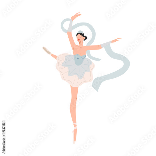 Cartoon character of ballerina in dance pose. Girl dancing classical choreography in pointe shoes