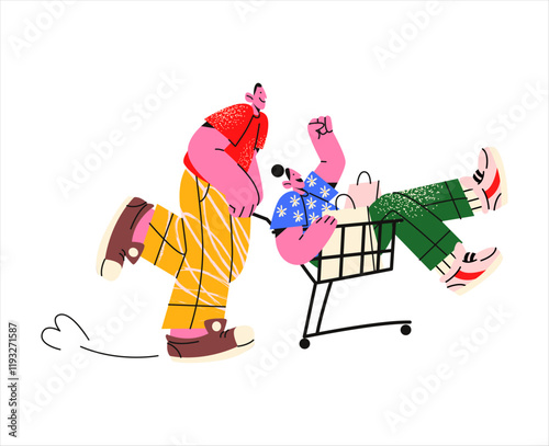 Cartoon characters shopping in a supermarket. People walking around the store with a grocery cart, vector doodle illustration in trendy groovy style