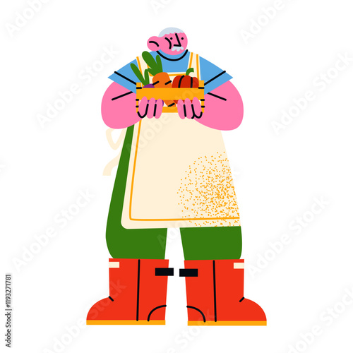 Cartoon grandfather character gardener, farmer harvested. Garden, farm and agriculture. Hobby gardener, flowers, plants. Vector elderly mascots	