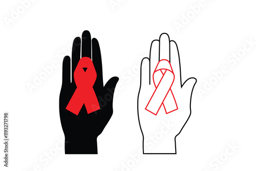 Silhouette of aids red ribbon on the palm kraft paper vector icon illustration isolated on white background. Aids awareness red ribbon line art logo. World AIDS day 1 December.