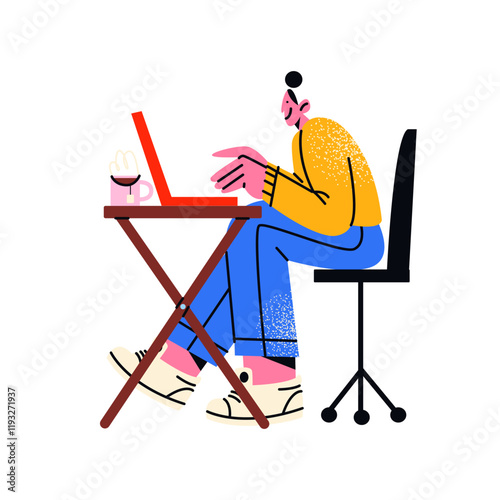 Cartoon character office worker using a laptop. Mascot sitting at a table with a PC computer. Human in the office and coworking space, vector flat illustration in retro doodle style