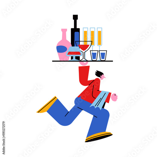 Waiter in uniform and apron carries glasses of champagne and alcohol cocktails.Cartoon characters сafe employer carry food on a tray to restaurant visitors. Staff serves visitors, human professions