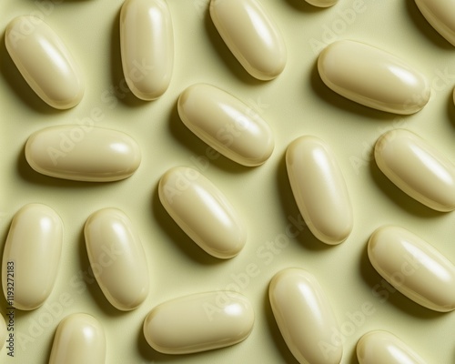 Close-up of beige capsules on a surface. photo