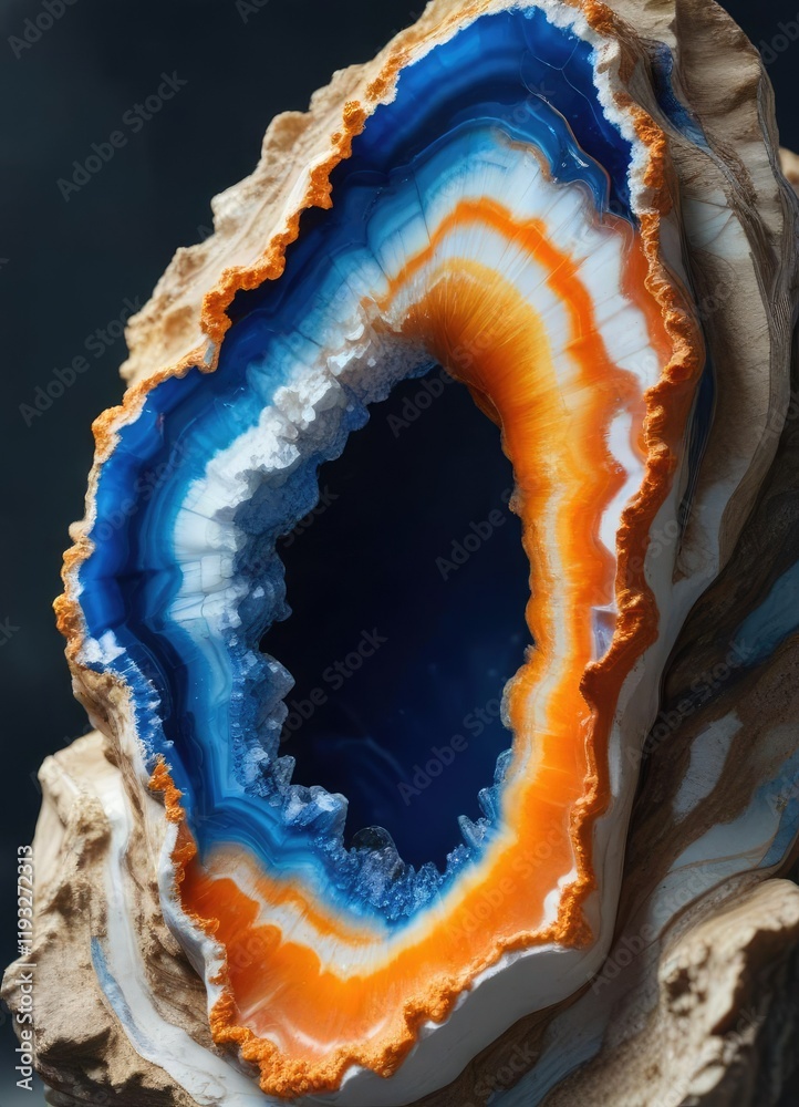 Obraz premium Agate geode with striking blue fiery orange and white colors, agate geode, gemstone