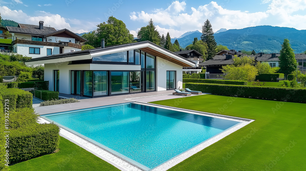 Fototapeta premium Modern luxury villa with swimming pool and mountain view in austrian alps
