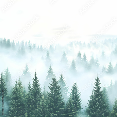 Misty Forest Landscape with Tall Pine Trees and Soft Fog Atmosphere