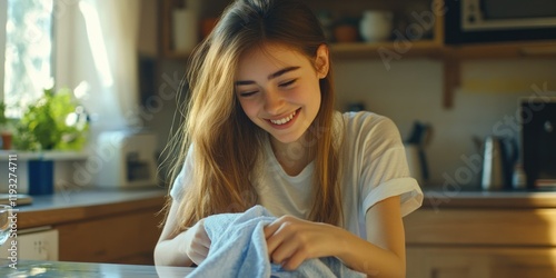 A Smiling Woman Washing Dishes in a Kitchen photo