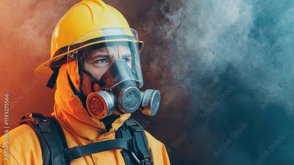 Obraz premium firefighter wearing protective mask and helmet stands against smoky background, showcasing determination and readiness in hazardous environment
