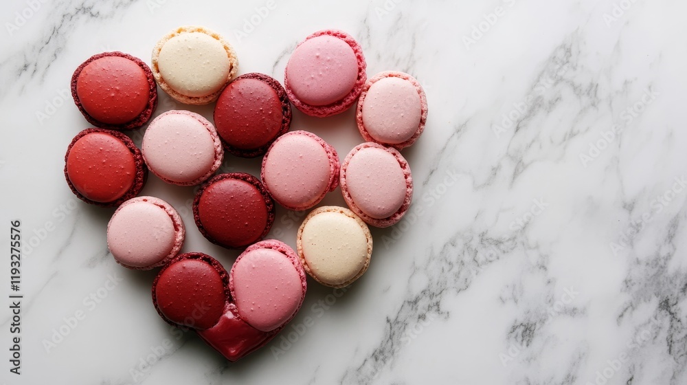 Obraz premium Colorful Heart-Shaped Arrangement of Macarons on Marble Surface