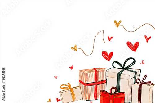 Colorful gift boxes with hearts create festive atmosphere