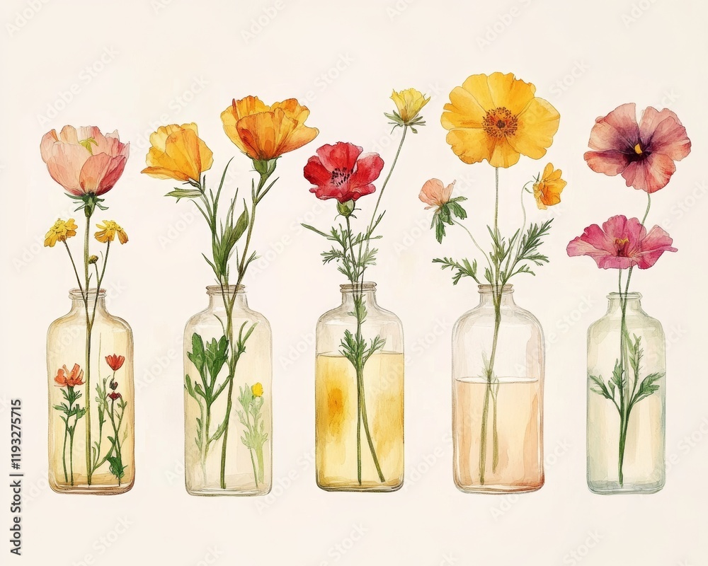 Obraz premium Colorful flowers in glass bottles display elegance.