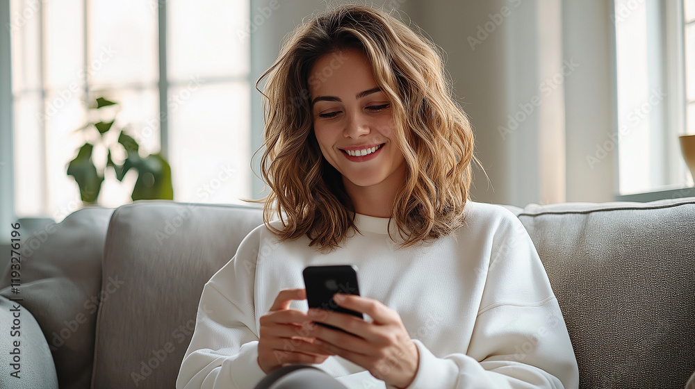 Smiling woman using smartphone on sofa at home Smiling woman using smartphone on sofa at home