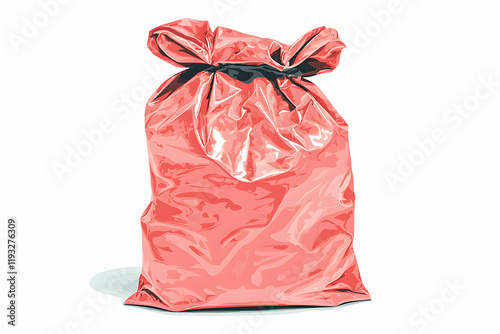 Bright Red Plastic Bag on White Background with Tied Closure