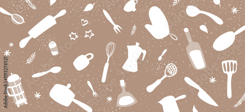 Cooking Banner with cute hand drawn kitchen stuff, home culinary appliances, beige (mocha mousse) and white colors. Pan, spoon, knife, mocha, botle, salt, rolling pin, potholder, flour etc.