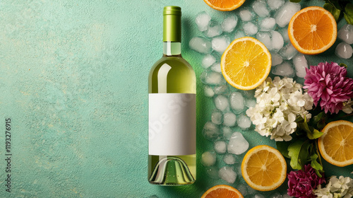 bottle of non alcoholic white wine surrounded by ice, oranges, and flowers creates refreshing and vibrant scene. Perfect for summer gatherings or celebrations photo