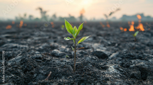 small green plant emerges from charred earth, symbolizing resilience amidst smoldering remains of forest fire. background features faint flames and hazy sunset