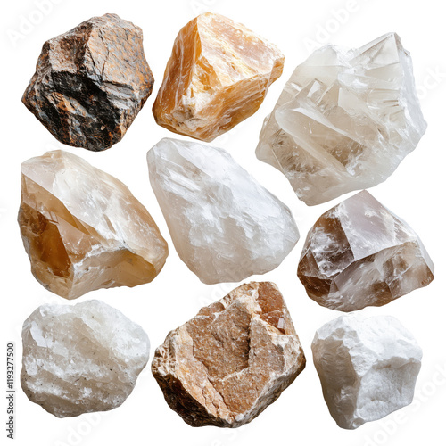 Collection of natural rocks and minerals showcasing various textures and colors for educational purposes and geological study photo