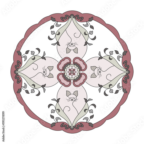Mandala. Relaxed cat meditating. Colors. Pink burgundy, gray, green.