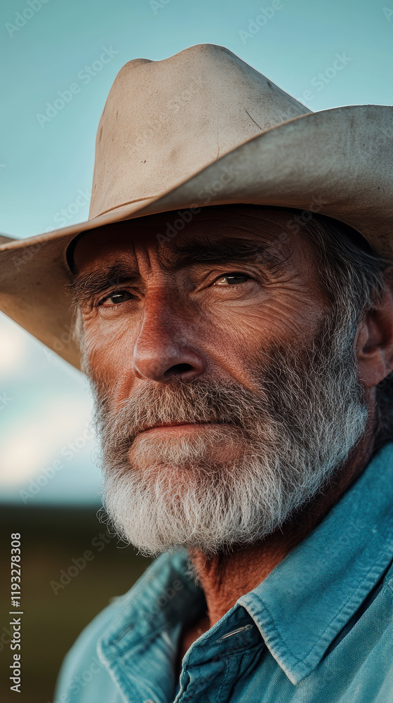 Mature Caucasian Male Cowboy with Beard and Hat in Rural Landscape Mature Caucasian Male Cowboy with Beard and Hat in Rural Landscape