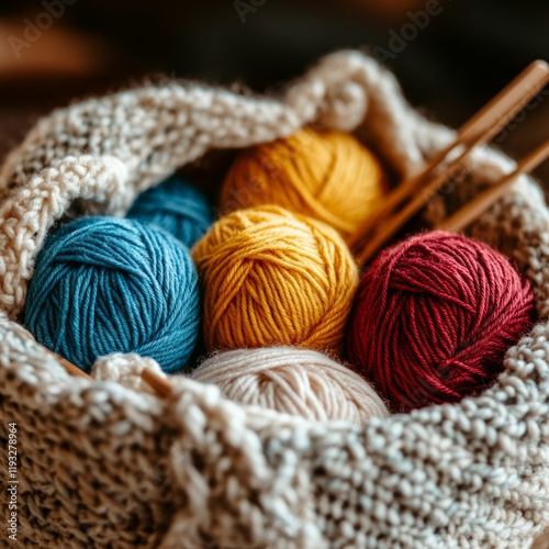 Colorful yarn balls in a cozy knitting basket. photo