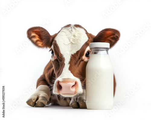 Cow with bottle of fresh milk on white background.