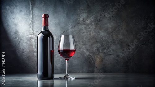 Red Wine Still Life Bottle, Glass, Dark Background photo