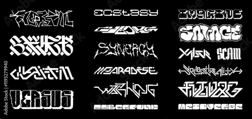 Phrases, words, titles, logos, lettering in different styles - gothic calligraphy, tribal, digital lettering, cyberpunk font. Digital font art, y2k for streetwear and typography. Vector lettering set