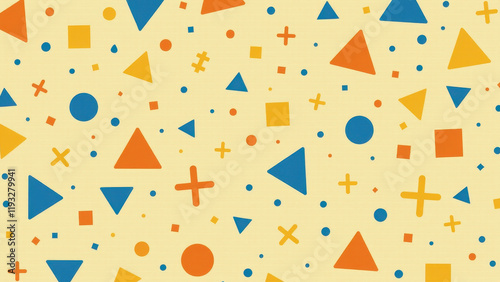 Geometric background with multiple shapes, patterns, and various colors