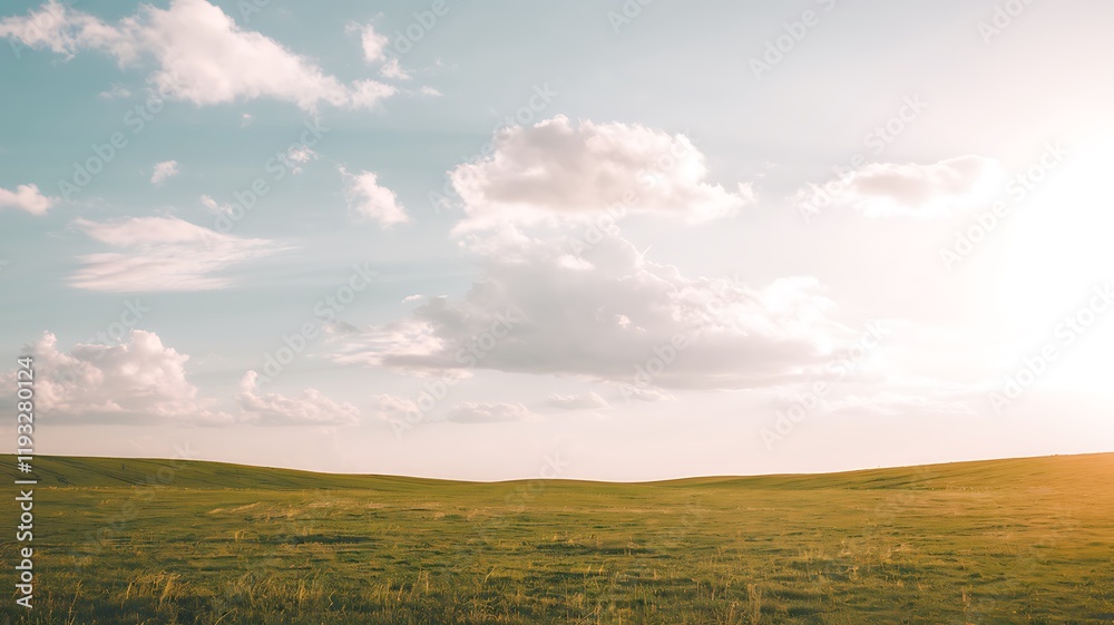 Vast open field beneath a bright blue sky, with soft white clouds scattered across the horizon. The golden glow of sunlight enhances the peaceful landscape Vast open field beneath a bright blue sky, with soft white clouds scattered across the horizon. The golden glow of sunlight enhances the peaceful landscape