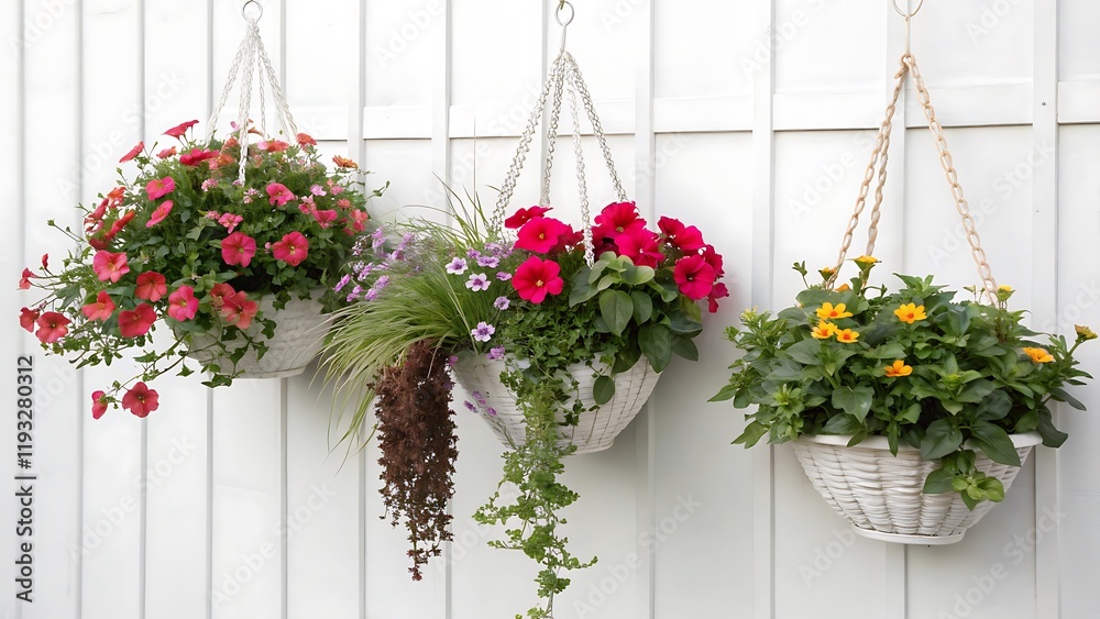 Fototapeta premium A set of decorative hanging flowers on a white background. Plants and flowers concept