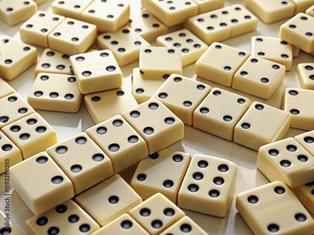 Aerial View of Ivory Dominoes Arranged in Intricate Pattern on a White Surface Aerial View of Ivory Dominoes Arranged in Intricate Pattern on a White Surface