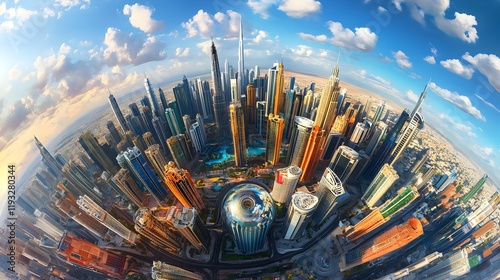 Vivid 3D colorful rendering of Dubai featuring the Burj Al Khalifa. Concept for art exhibitions, tourism promotions, modern urban art projects or concept illustrations. photo