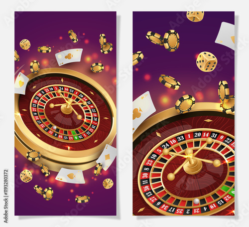 Set half page advertising banners with golden casino roulette, wheel, flying poker chips, tokens, white playing cards, dices, around on purple background with lights, bokeh. Vector illustration