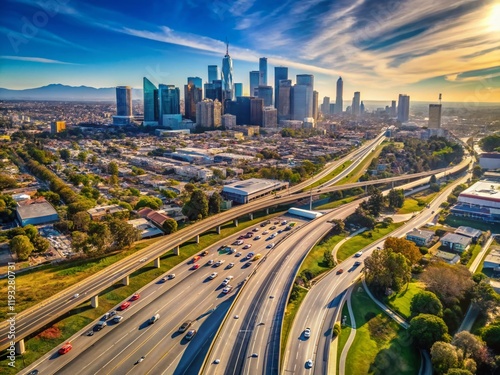 Aerial View of Los Angeles 110 Freeway & Downtown Skyline - Light Traffic, March 2020 photo