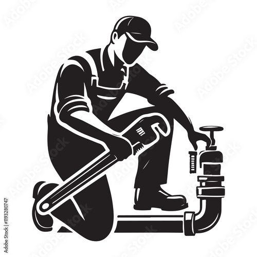 Plumber Silhouette Vector Illustration, Solid White Background.