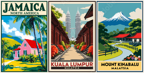 Set of Travel Destination Posters in retro style. Jamaica, Kuala Lumpur, Mount Kinabalu, Malaysia. Exotic summer vacation, holidays concept. Vintage vector colorful illustrations. 