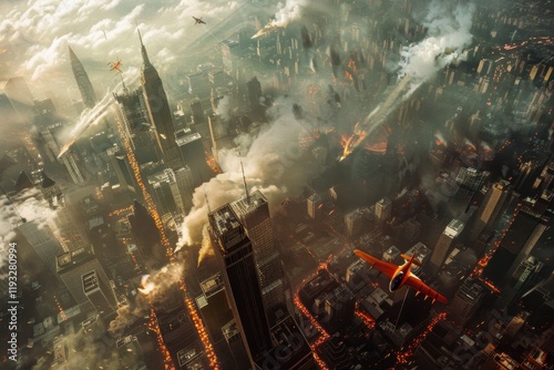 Apache dogfight over urban landscape aerial combat scene dramatic skies high-contrast viewpoint