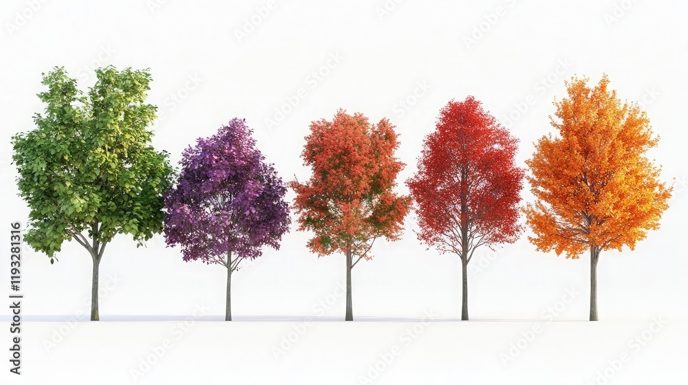 Fototapeta premium Collection of vibrant trees isolated on a white surface
