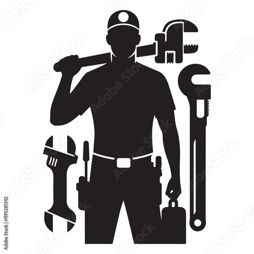 Plumber Silhouette Vector Illustration, Solid White Background.
