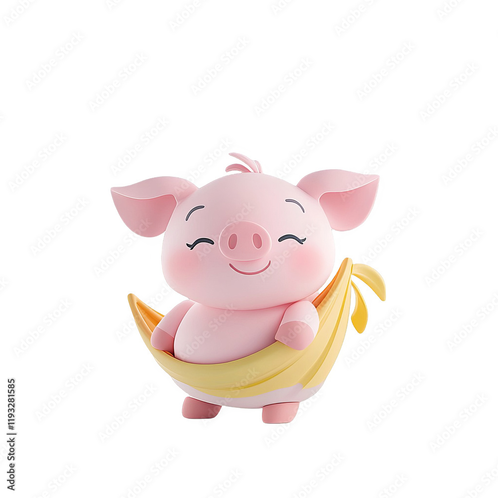 Cute pig with banana toy playful setting 3d character bright colors whimsical vibe Cute pig with banana toy playful setting 3d character bright colors whimsical vibe