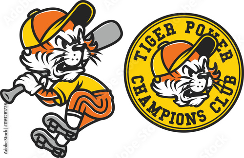 A retro-style vintage tiger mascot illustration with a baseball theme, designed for team branding, sports club logos, or merchandise. photo