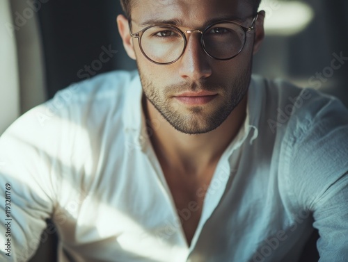 Modern Trendy Man, Stylish Portrait with Glasses and Slightly Unbuttoned Shirt. photo