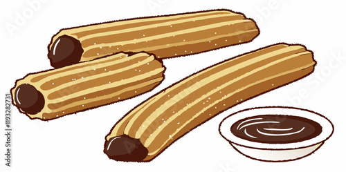 Delicious Churros with Chocolate Dip: Cartoon Illustration for Desserts and Food Projects. Close-up of various fried churros on white background.
