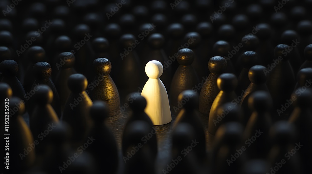 Fototapeta premium Spotlight on a single white wooden figure among a crowd of black figures in contrasting lighting