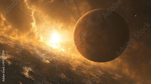 Space scene with planet and glowing sunrise photo