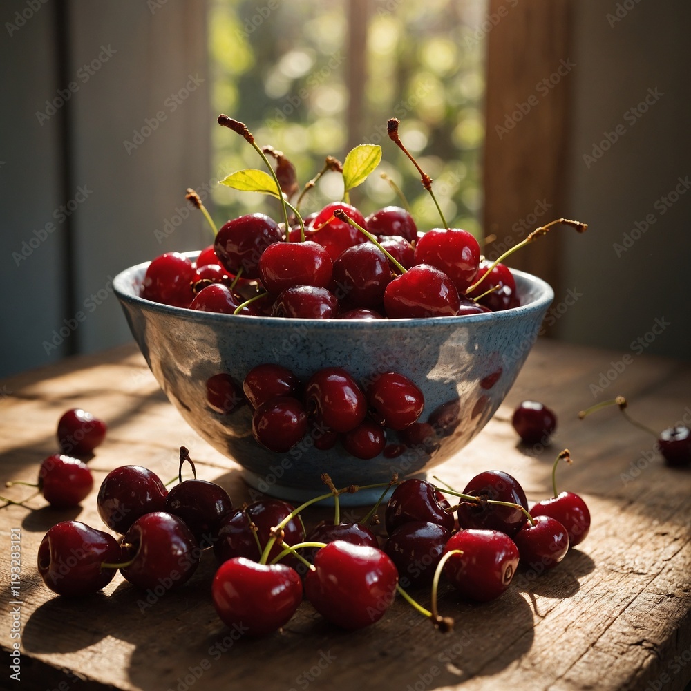 A bowl of freshly picked cherries resting on a wooden table with soft sunlight streaming through the windows. A bowl of freshly picked cherries resting on a wooden table with soft sunlight streaming through the windows.