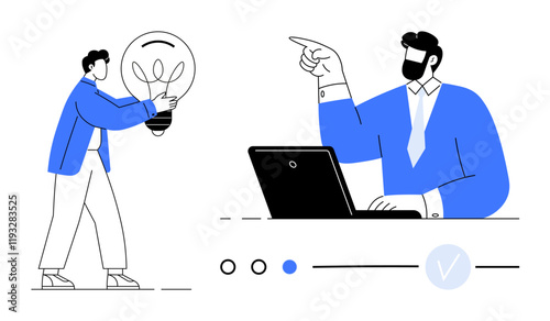 Colleague holding a light bulb symbolizing new idea while another works on a laptop, providing feedback. Ideal for brainstorming, teamwork, innovation, remote work, business, creativity