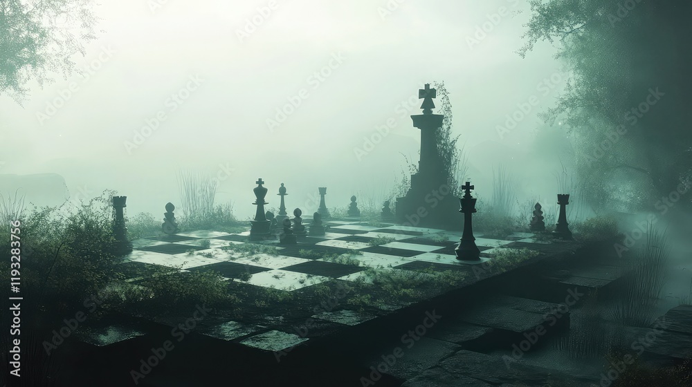 Chessboard with pieces set for a strategic game, engulfed in misty surroundings.