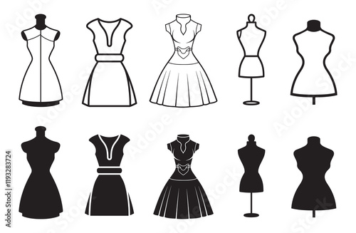 set of dress on mannequin icon vector illustration, line art design