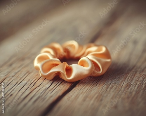 Elegant silk hair scrunchie on wooden surface. photo